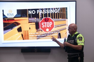 Joe Croken, senior peace officer, Blackfalds Municipal Enforcement spoke to Wolf Creek Public Schools bus drivers on the importance of reporting motorists who pass a school bus while the bus red lights are flashing and the stop sign is engaged. It was par