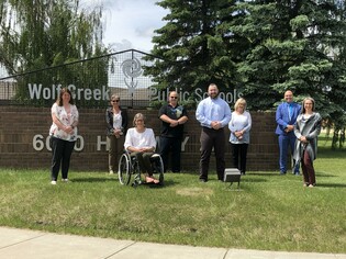  LEFT to RIGHT: Board Chair Pam Hansen, Trustee Kelly Lowry, Trustee Lorrie Jess, Trustee Brent Buchanan, Steven Prediger, Trustee Trudy Bratland, Superintendent Jayson Lovell, Vice Chair Luci Henry.