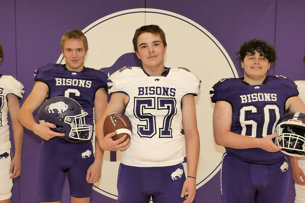 L–R: Brody Mullins, Slade Unger, Draeton Branconnier, Ethan Bodnar and Zach Sliger suit up during Iron Ridge Secondary Campus’ spring football camp as the Bison prepare for their inaugural season this fall.