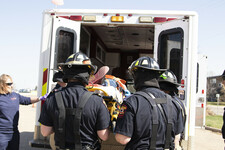 Emergency crews took part in a Mock Incident May 2 at École Lacombe Upper Elementary School, simulating the emergency response of police, fire and EMS to an accident. 