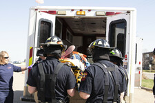 Emergency crews took part in a Mock Incident May 2 at École Lacombe Upper Elementary School, simulating the emergency response of police, fire and EMS to an accident.