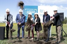 (LEFT to RIGHT) Lacombe County Deputy Reeve John Ireland, WCPS Superintendent Tim De Ruyck; WCPS Board Chair Luci Henry; Honourable Adriana LaGrange, Minister of Education; Honourable Ron Orr, MLA for Lacombe-Ponoka; and Blackfalds Mayor Jamie Hoover brea